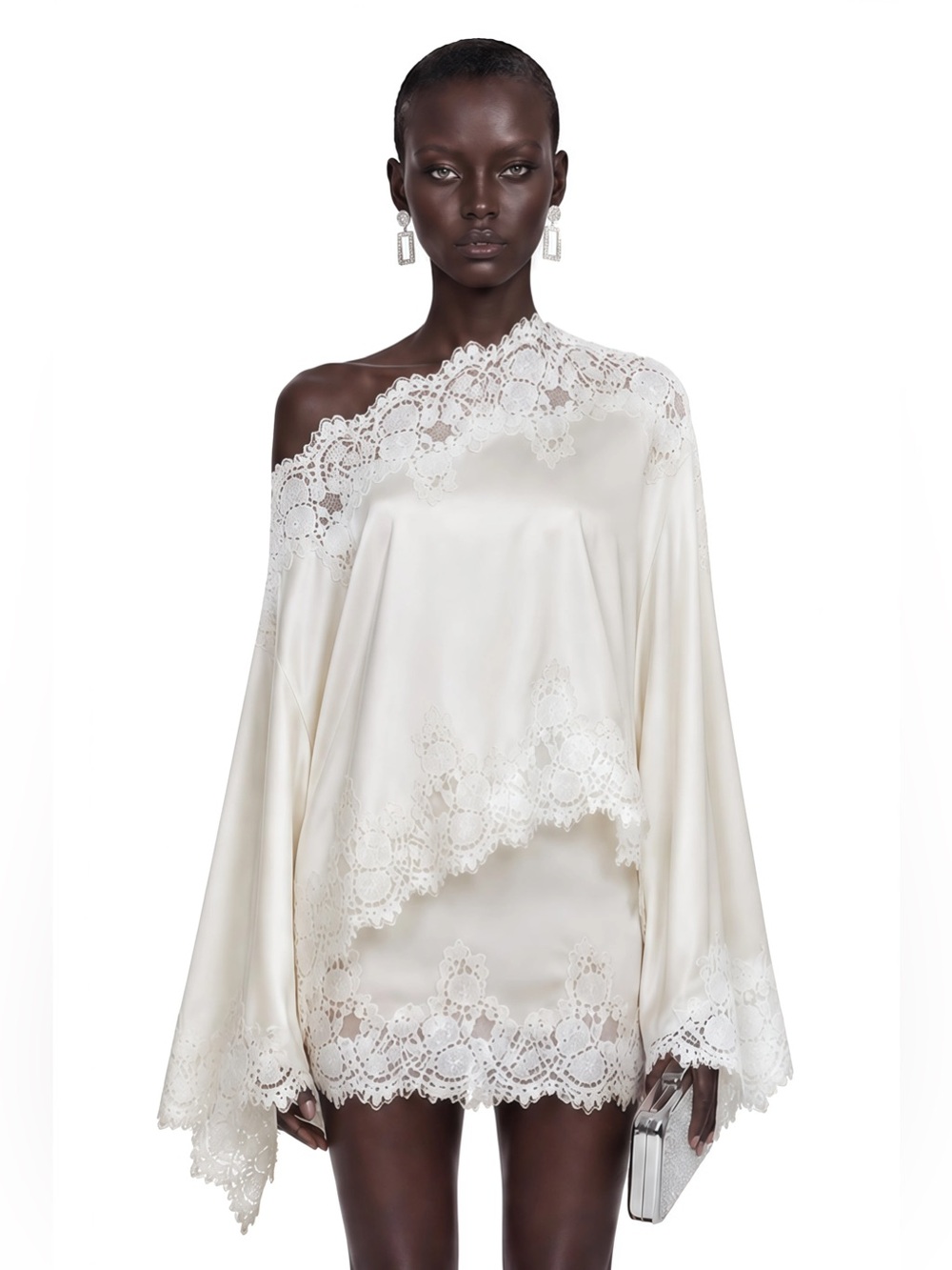 Sophia White One Shoulder Top & Skirt Set with Lace Trim